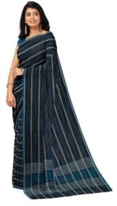 KSR Handlooms Stripe Design Kollam Katari Black Khadi Cotton Saree