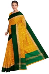 Ksr Handlooms Yellow and Green Gadwal Work Saree