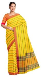 Ksr Handlooms Yellow Kollam Striped Printed Saree