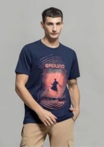 Men Round Neck Printed Blue T Shirt