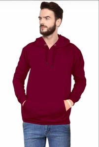 Mens Maroon Cotton Plain Hoodie