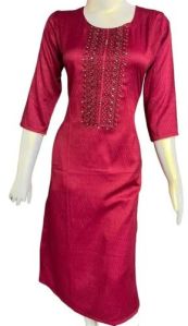 Red Round Neck Rayon Embroidered Kurti