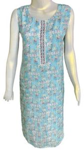 Sky Blue Sleeveless Rayon Printed Kurti