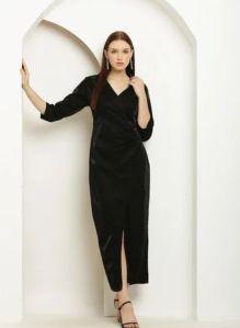 Ladies Plain Black Woolen Long Dress