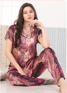 Ladies Satin Hosiery Printed Ladies Night Suit Set