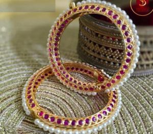 Ssaazz White Moti Brass Bangle Set