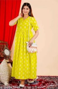 Women Round Neck Yellow Border Printed Kurti