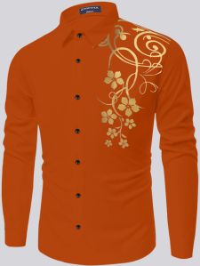 Mens Printed Cotton Orange Shirt