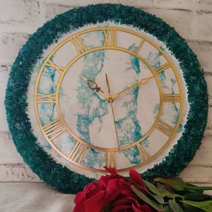 White Marble And Blue Line Resin Wall Clock With Real Stone