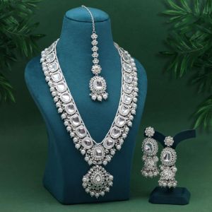 White Color Long Kundan Necklace Set (KN1462WHT)