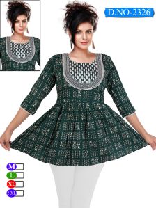 Ladies Cotton Blend Green Printed Frock Short Kurti