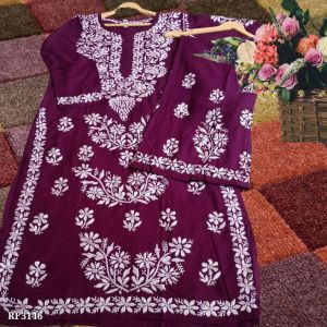 Hand Embroidery Chikankari Kurti Palazzo Set