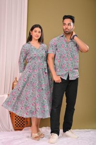 grey silk couple match dress set