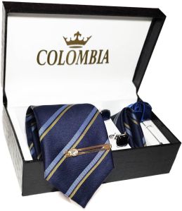 Navy Blue White and Yellow Stripe Necktie Set