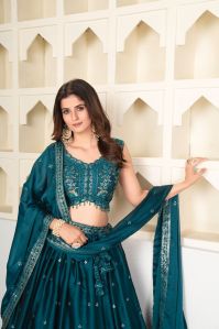 Georgette Sea Green Semi Stitched Lehenga with Unstitched Blouse