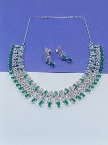 Designer Green Stone Silver Necklace Set
