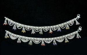 Silver Anklet with Layered Chain Design & Multicolor Bead Danglers