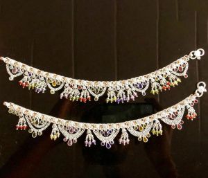 Traditional Broad Silver Anklets with Layered Bead Drops
