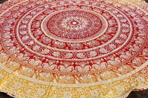 Yellow Round With Fring Dorm Indian Mandala Beach Throw Towel