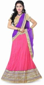 FS1580 Net Embrodary Work Pink & Purple Semi Stitched Lehenga