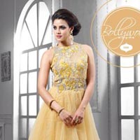 FS1140 Soft Net Embrodary Work Chiku Semi Stitched Anarkali Gown