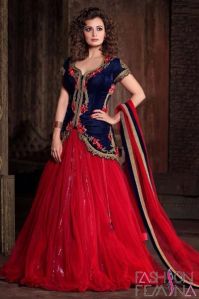 FS1400 Velvet Net Embrodary Work Red&Blue Semi Stitched Anarkali Suit