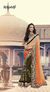 LATEST HEAVY EMBROIDERED ORANGE & MEHENDI GREEN PARTY WEAR SAREE