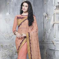 PEACH COLOR LYCRA SHIMMER & NET EMBROIDERED PARTY WEAR SAREE