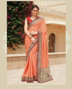 PEACH EMBROIDERED FANCY DESIGNER PARTY WEAR SAREE