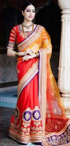 Orange Embroidered Designer Party Wear Saree