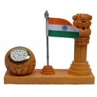 Wooden Table Clock with Ashoka Pillar and National Flag