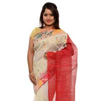 Transparent white Dhakai Jamdani saree with red border