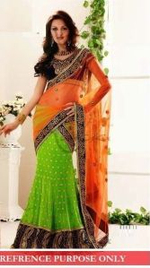 Stylish georgette designer saree with Orange and green color - 9175