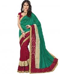 Sati Green, Red And Beige Coloured Dupion Saree