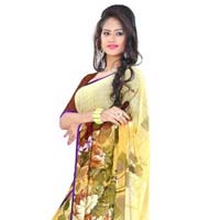 Mustard Coloured Marble Chiffon Floral Print Saree