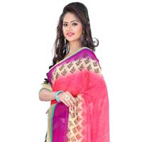 Salmon Coloured Jacquart Floral Print Saree