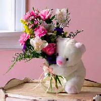 Mixed Flower Bouquet with Teddy Bear