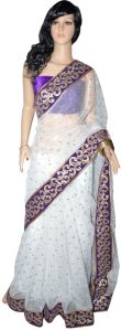 Net Saree White with Purple Velvet Border