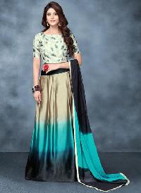 Twill Silk Gold & Sky Print Blouse Long Lehenga Choli