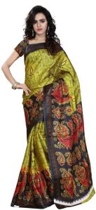 Green colored silk printed saree with blouse