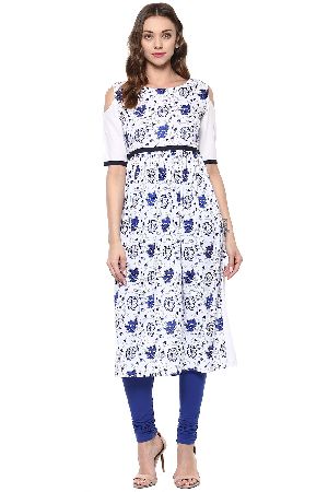 Janasya Women's White Printed Crepe A-Line Kurti