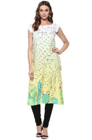 Janasya Women's Yellow Digital Printed Crepe Kurti