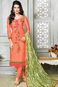 Ladies Flavour Orange Chanderi Cotton Embroidered Unstitched Dress Material