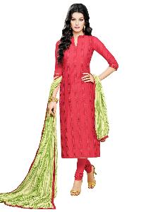 Ladies Flavour Red Chanderi Cotton Embroidered Unstitched Dress Materi