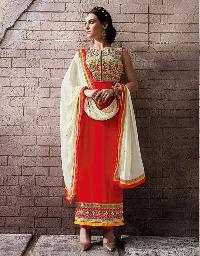 Ladies Flavour Red Chanderi Embroidered Semi Stitiched salwar Suit