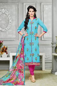 Ladies Flavour Sky Blue Chanderi Cotton Embroidered Unstitched Dress Material