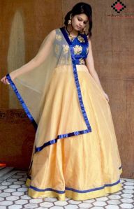 blue and gold Lehenga Choli