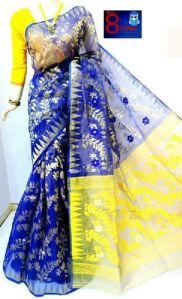 Blue Yellow Net Saree