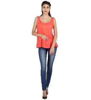 Orange Crape Sleeve Less Top