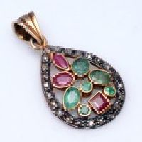 925 Sterling Silver Emerald, Ruby & Diamond Gemstone Pendant